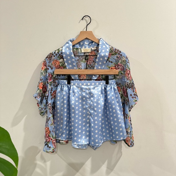 VINTAGE Y2K VICTORIAS SECRET GOLD LABEL BLUE FLORAL POLKA DOT 2 PIECE SET SIZE M - Picture 2 of 9